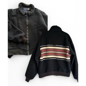 Vintage Pendleton Wool Jacket Zip Up Front Black W/ Stripes on Back USA Mens XL